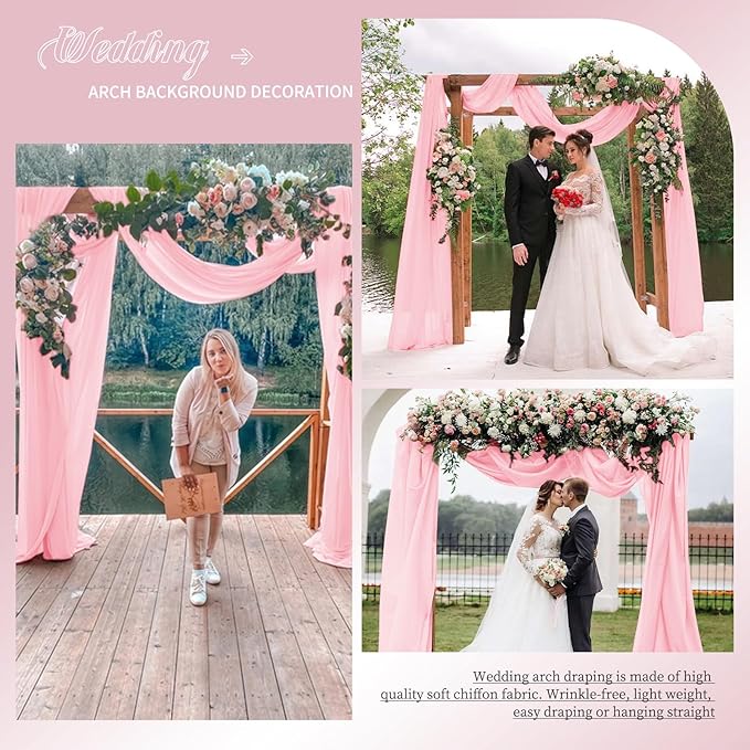 Wedding Arch Draping Fabric, 4 Panels 28" x20ft Pink Sheer Chiffon Curtain Drapes for Wedding Drapes Sheer Backdrop Curtains for Wedding Ceremony Reception Party Decoration