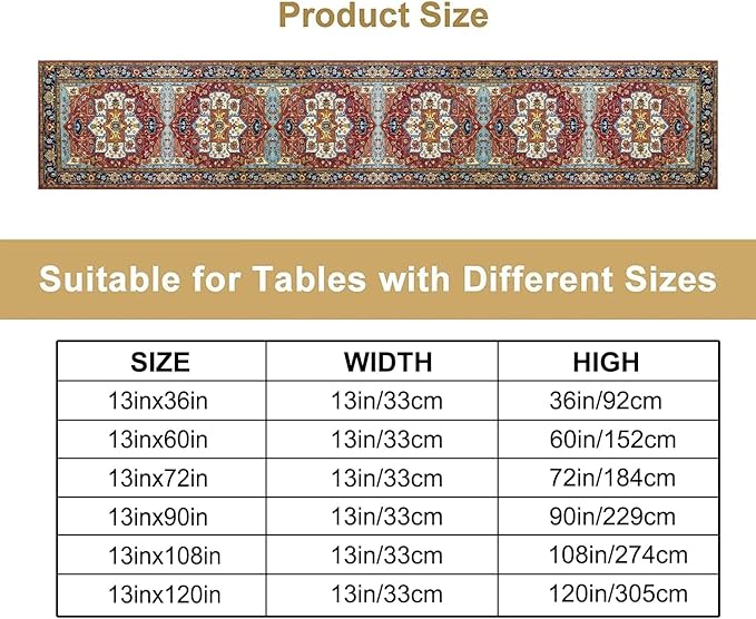 Vintage Boho Floral Table Runner, Rustic Country Farmhouse Red Blue Gold Retro Flower Pattern for Home Kitchen Table Decor Dining Coffee Room Party Decor 13x36in
