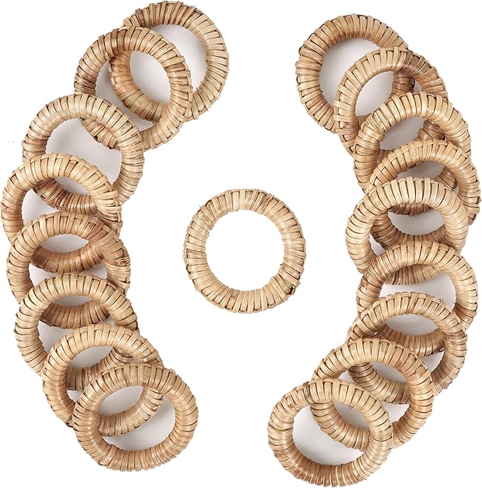 Woven Napkin Rings Set of 12 - Handmade Rattan Napkin Holders for Farmhouse Table Décor, Rustic Holiday Dining, Wedding, Thanksgiving, Christmas & Everyday Use (Natural) - CLEENTABLE