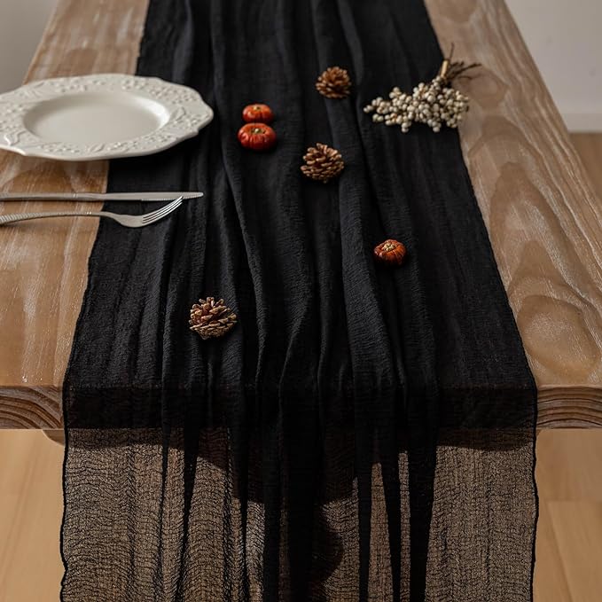 Black Halloween Table Runner Cheesecloth Gauze Rustic Premium Cotton Cheese Cloth Table Decor 120 Inch 10 FT for Wedding Bridal Baby Shower Long Sheer Boho Home Decorations