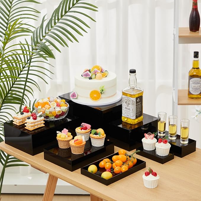 Leinuosen 7 Pcs Large Buffet Risers Set 6" to 12" Acrylic Display Box Catering Dessert Table Riser Food Display Decorative Stand with Hollow Bottom for Catering Supplies(Black, Rectangle)