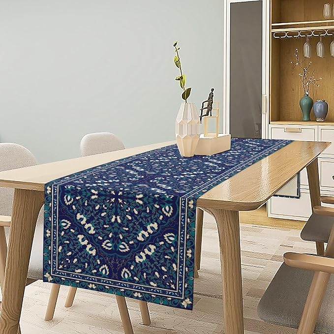 Boho Floral Vintage Table Runner, Retro Morris Abstract Blue Flower Rustic Country Farmhouse Pattern for Home Kitchen Table Decor Dining Coffee Room Wedding Party Decor 13x108in