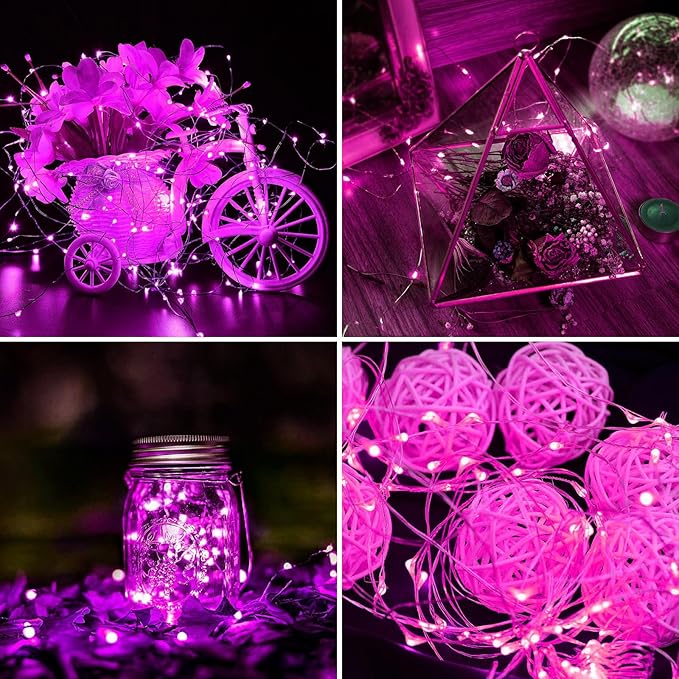 Aogist 50 Pack Fairy Lights 3 Modes 7ft 20 LED Waterproof,Battery Operated Silver Wire Firefly Starry Moon Mini String Lights for Mason Jars Christmas DIY Crafts Wedding Party Bedroom,Pink