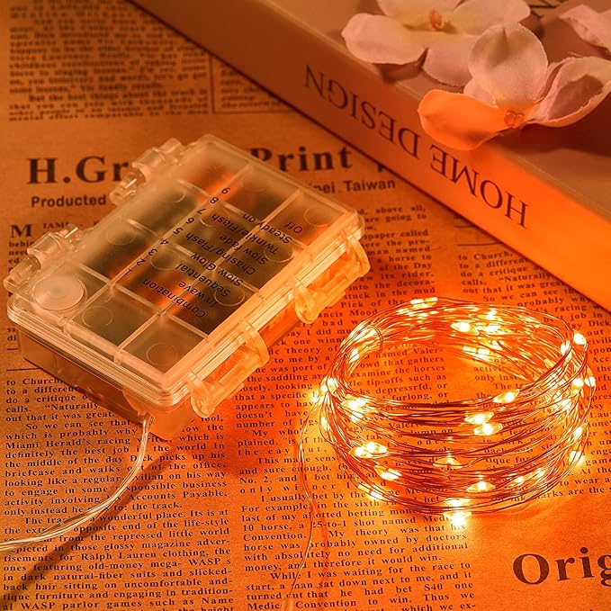 1 Pack 65.6 Ft. Battery Operated Outdoor String Lights with Remote & Timer, LED Orange Fairy Lights, Waterproof Twinkle Lights for Bedroom, Dorm, Mason Jar, Wedding, Party, Christmas