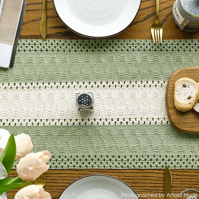 Artoid Mode Light Green Farmhouse Rustic Table Runner, Seasonal Hollow Kitchen Dining Table Decoration for Home Party Decor 12x60 Inch