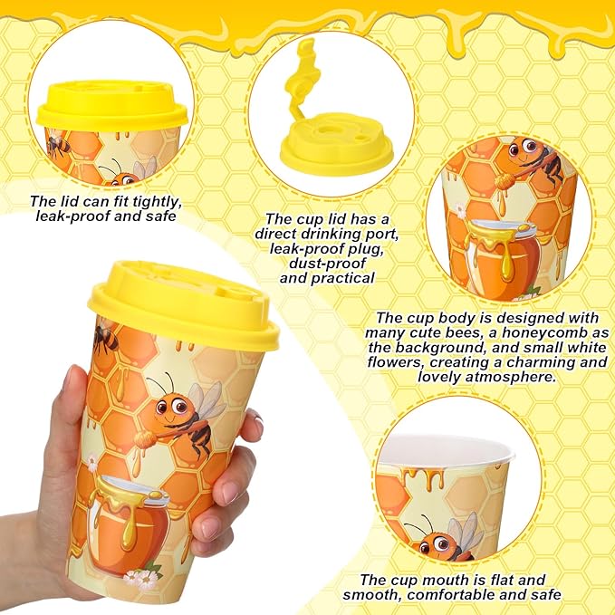 Yungyan 24 Sets Honey Bee Party Favors Goodie Cups with Lids and Straws for Birthday Decorations Reusable 16oz Plastic Candy Cups Plastic Straws for Birthday Party(Bee)