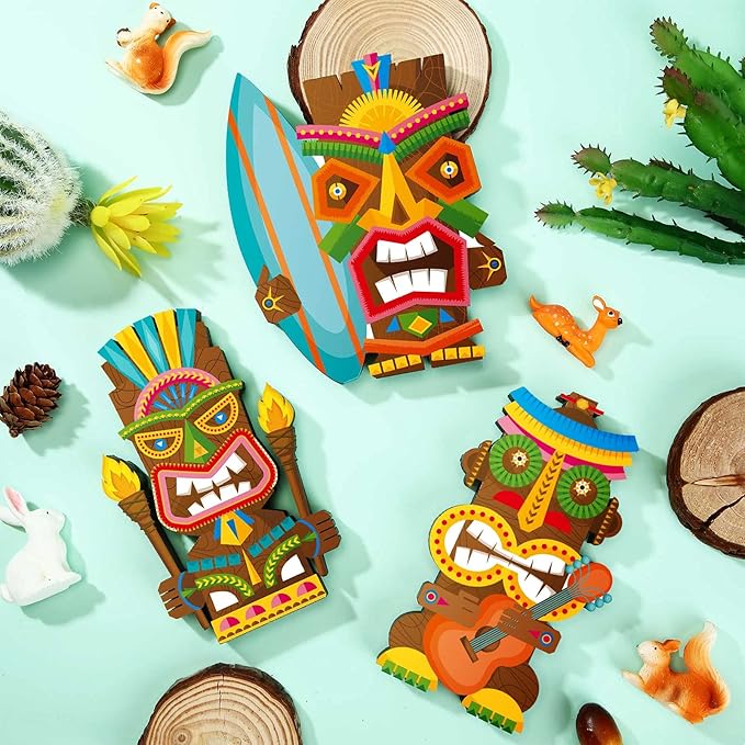 Blulu 3 Pcs Tiki Party Decor Hawaiian Luau Party Decorations Tropical Aloha Wooden Bar Table Sign Colorful Farmhouse Tiki Centerpieces for Table Summer Welcome Housewarming(Classic,5.11 Inch)