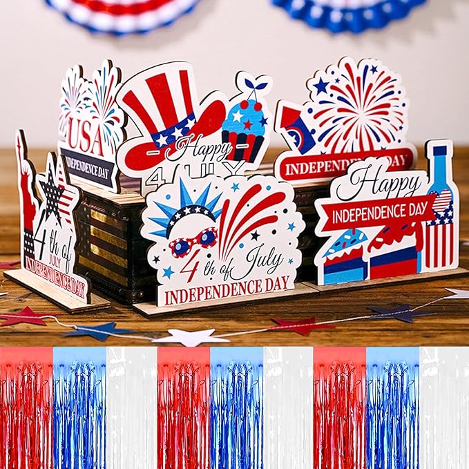 6 Pack 29x108 Inch Red Blue White Metallic Foil Fringe Tinsel Table Skirts for Rectangle Tables Streamer Curtains Backdrop for Wedding, Birthday, Parade Floats, Independence Day Party Decoration