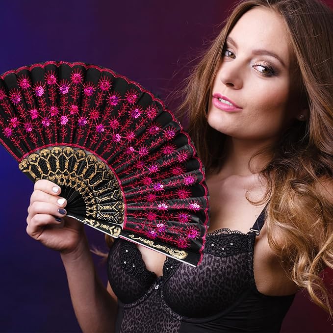 Geetery 30 Pcs Folding Hand Fan for Line Dancing Spanish Boots on The Ground Fans Gifts Bulk Colorful Silk Popping Rave for Women Tea Party Wedding Church Halloween Costume(Embroidery,Vintage Colors)
