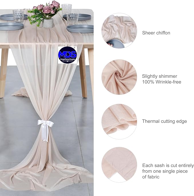 MDS 2 Pack 10ft Chiffon Table Runner 29 x 120 Inches Sheer Wedding Runner Romantic Rustic Table Runner for Wedding Decorations, Birthday Parties, Bridal Shower Party Arch Decor - Nude