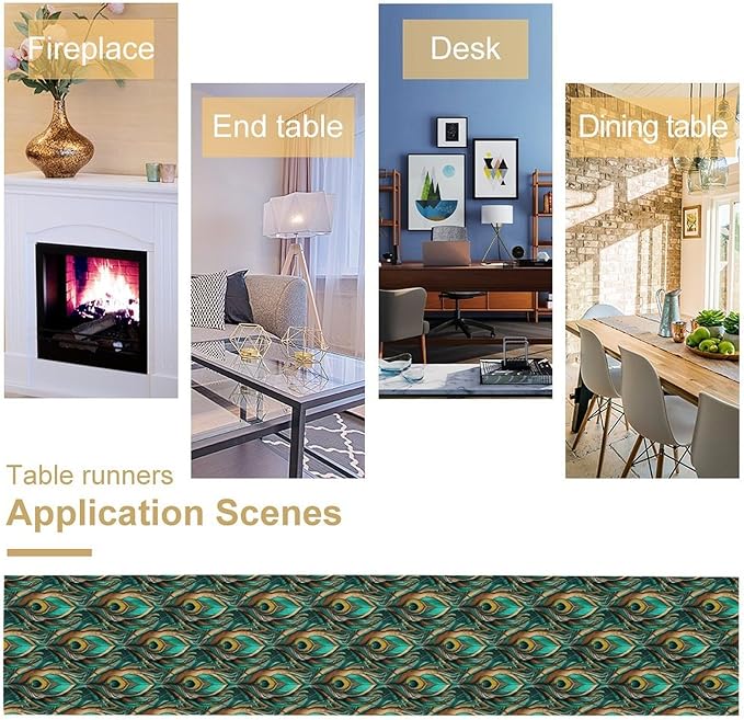 Peacock Feather Table Runner,Retro Aesthetic Green Table Runner for Home Kitchen Dining Party Indoor Outdoor Decoration 13x108 Inch