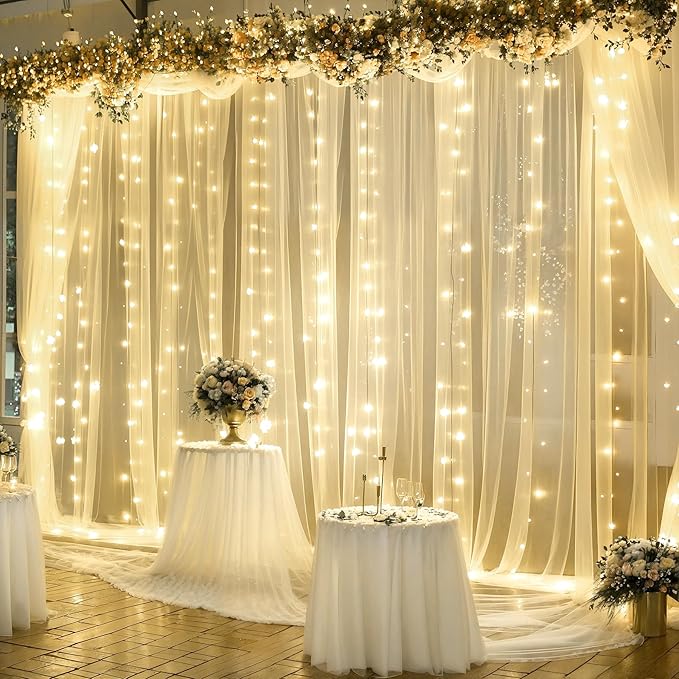 Champagne Tulle Photo Backdrop Curtain with Lights String for Parties Wedding Bridal Shower Sheer Champagne Curtain Backdrop for Birthday Baby Shower Photo Booth Photography 10ft x 8ft