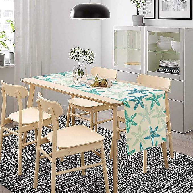 Starfish Plaid Table Flag Green Plaid and Marine Life Starfish Kitchen Table Flag Suitable for Birthday Party Restaurant Decoration Outdoor Picnic 13 * 90 Inch