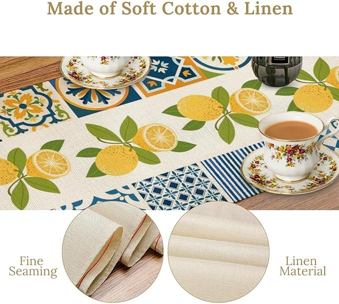 Lemon Table Runner,Watercolor Blue Fruits Green Leaves Print Table Cloth Kitchen Dining Table Home Party Decoration 13x120 Inch