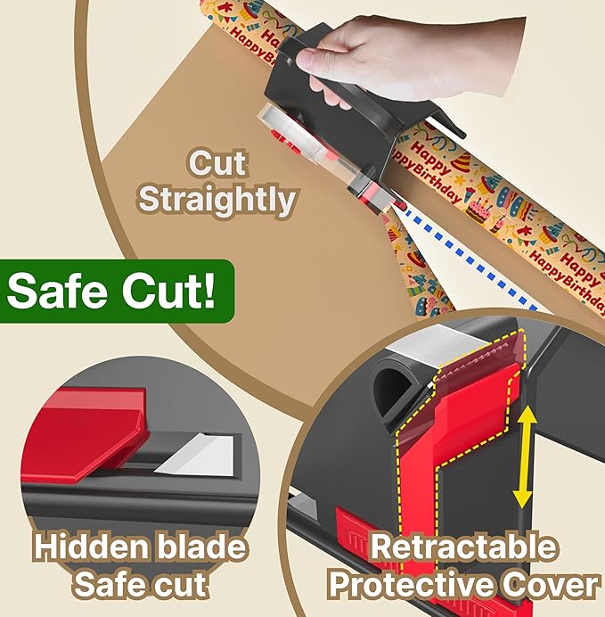 (2-Pack) Wrapping Paper Cutter & Tape Dispenser Dual Use with 4 Tapes，2 Replace Blades Kit for Christmas Gift Wrap Cutter Tool Paper Roll Holder Tube Sliding Slicing for Birthday Holiday.
