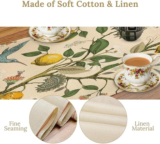 Table Runner with Flowers and Birds, Spring Plant Flowers Table Decoration Linen Table Runner Family Party Party Decorations 13x120 Inches