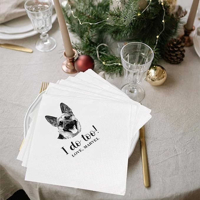Luxury Personalized Dog Wedding Napkins, Personalized Photo Napkins for Dog, Custom Wedding Cocktail, Bridal Shower, Engagement Party Style 3