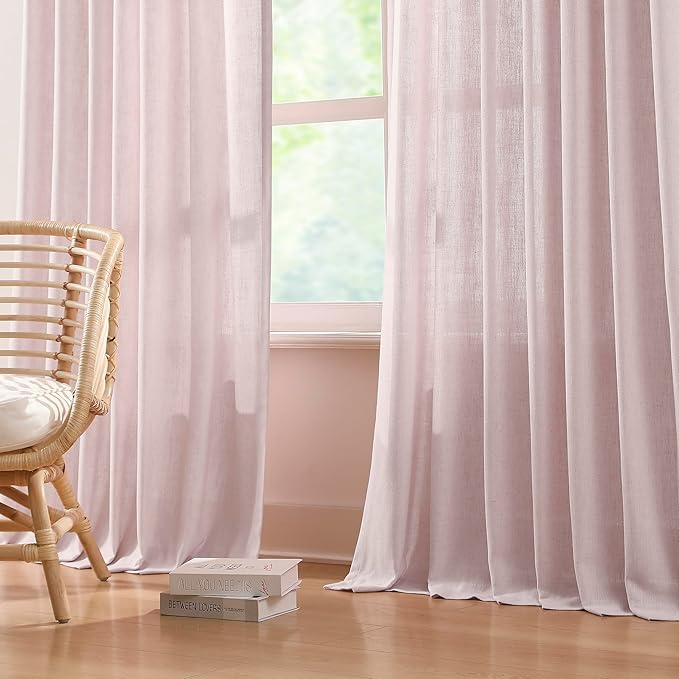 Vision Home Soft Pink Pinch Pleated Semi Sheer Curtains Textured Linen Blended Light Filtering Window Curtains 95 inch for Living Room Bedroom Pinch Pleat Drapes with Hooks 2 Panels 40" Wx95 L