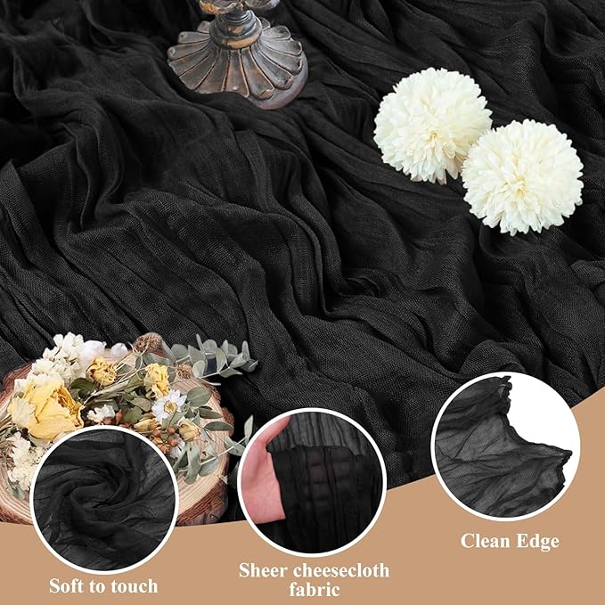 Asee'm 3pcs Cheesecloth Table Runner 120 Inches Long Black Boho Gauze Cheese Cloth Runner 10FT Rustic Sheer Table Runners for Christmas Wedding Party Baby Shower Spring Easter Decoration