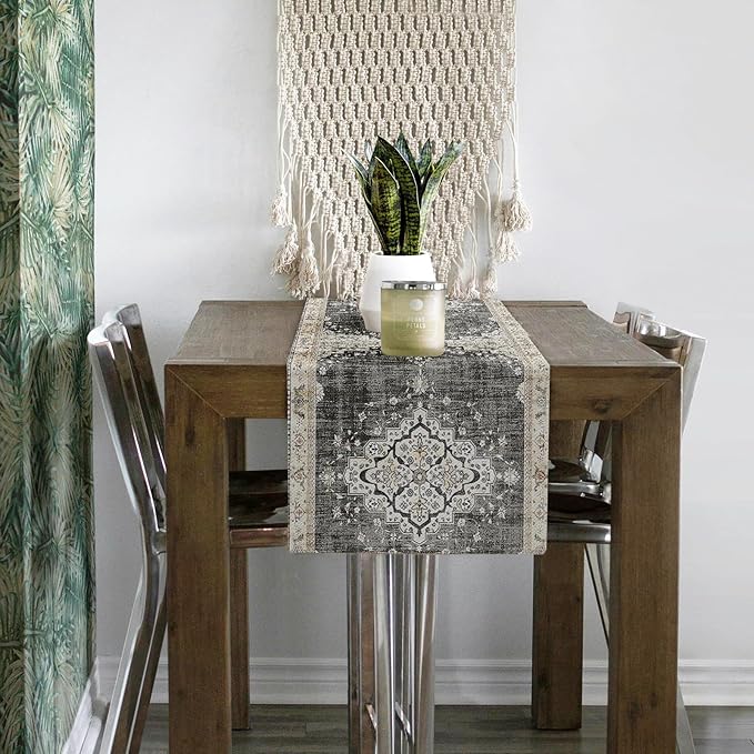 Snycler Table Runner Boho Table Runners Vintage Elegant Farmhouse Table Center Linen Decor for Home Dining Party Entrance (13x48 Inch) Black