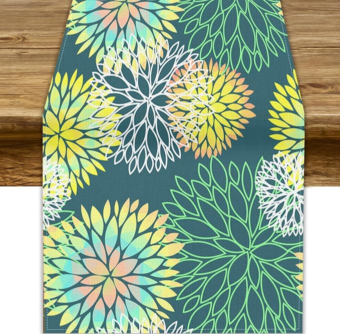 Green Dahlia Flower Table Runner, Linen Geometric Pattern Floral Table Decor Spring Farmhouse Decorations for Kitchen Dining Holiday Party Decor, 13x70 Inch
