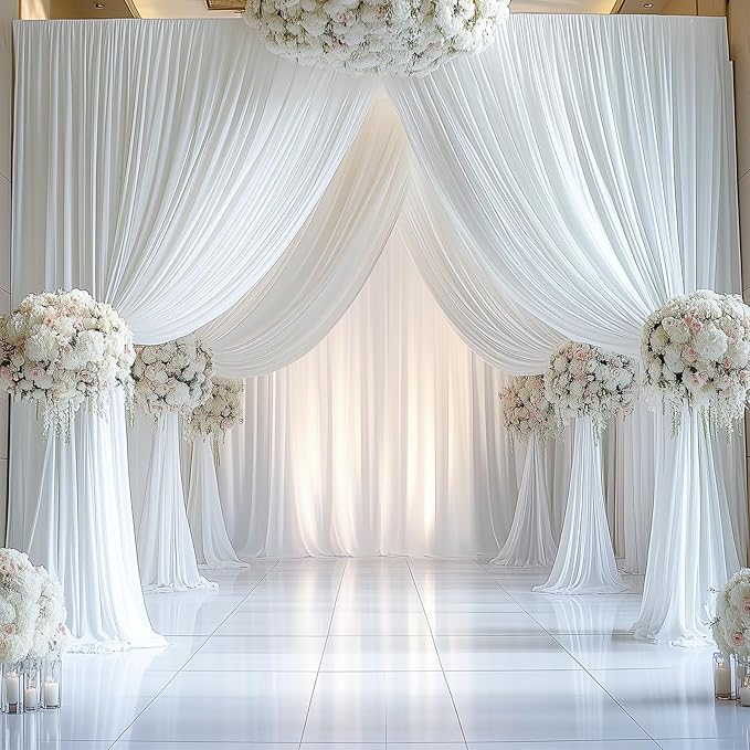 60ftx14FT Wrinkle Free White Backdrop Curtain, 12 Panels 14FT Height White Wedding Backdrop Drapes, Silky Polyester Back Drop Cloth for Birthday Photography Background Party Backdrop Draping