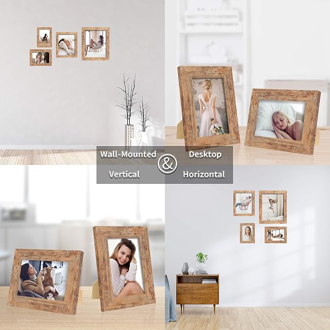 5x7 Picture Frame Set of 4, High Definition Real Glass Rustic Brown Frame, 5 x 7 Wood Photo Frames for Tabletop Display and Wall Mounting