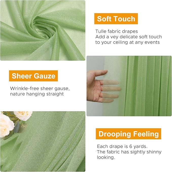 Wedding Arch Draping Fabric 4 Panels 28.7" x 20FT Sage Green Sheer Chiffon Backdrop Drapes for Wedding Ceremony Birthday Party Bridal Shower Outdoor Decoration