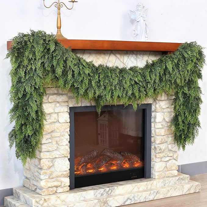 Christmas Cedar Garland - 6ft Artificial Cedar Garland Faux Lush Green Fake Pine Needles for Fireplace,Table,Window,Stairs,Mante,Holiday Indoor Outdoor Xmas Decor(1PCS)