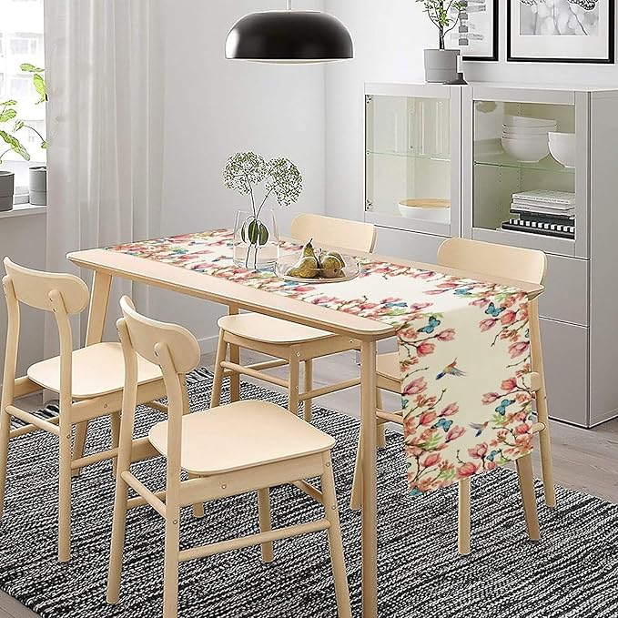 Flowers Table Runner,Floral Bird Butterfly Spring Table Cloth Kitchen Dining Table Home Party Decoration 13x60 Inch