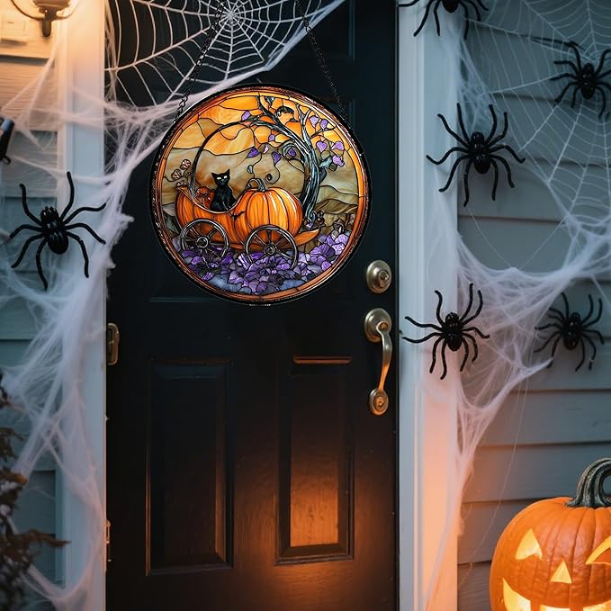 Stained Glass Window Hanging - Halloween Pumpkin Carriage Black Cat Suncatcher for Doors Window Garden Spooky Sun Catchers Gothic Decor Horror Gifts for Women Men Friend Boy Girl 7.8 in