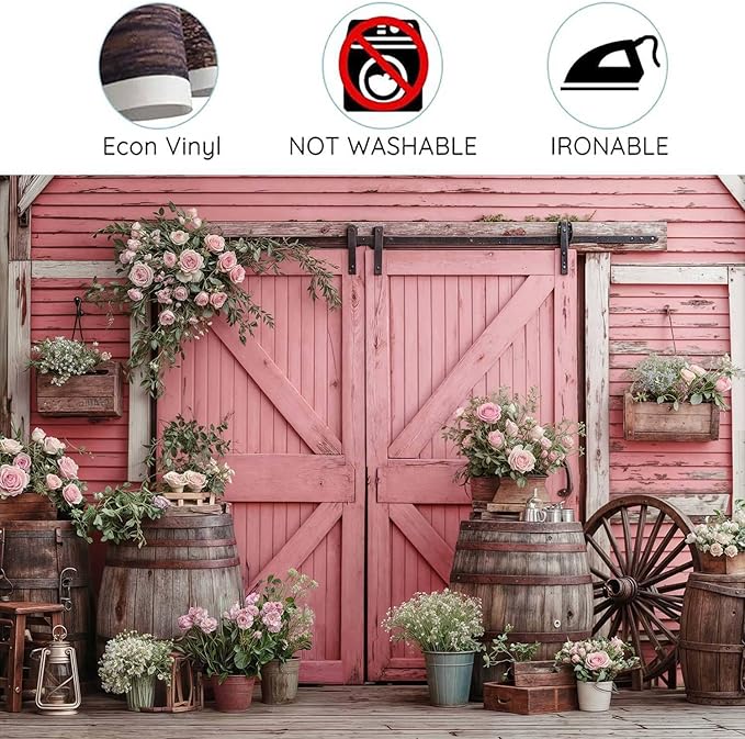 6x6ft Country Wedding Pink Photography Backdrop Rustic Wooden Barn Door Photography Backdrop Farmhouse Flower Western Girl Birthday Baby Shower Wedding Bridal Party Banner Photo Booth Props Background