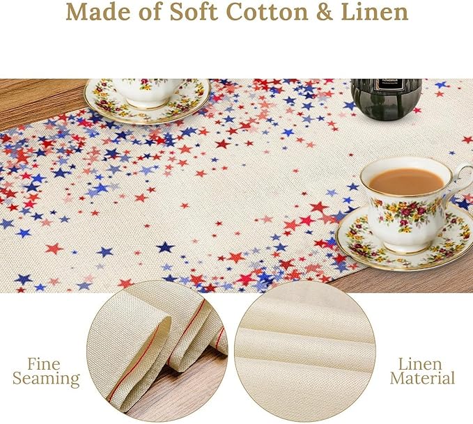 Independence Day Table Runner, 4th of July Red Blue Stars American President Day Holiday Confetti Print Table Cover for Kitchen Dining Table Indoor Outdoor Party, 13x90inch