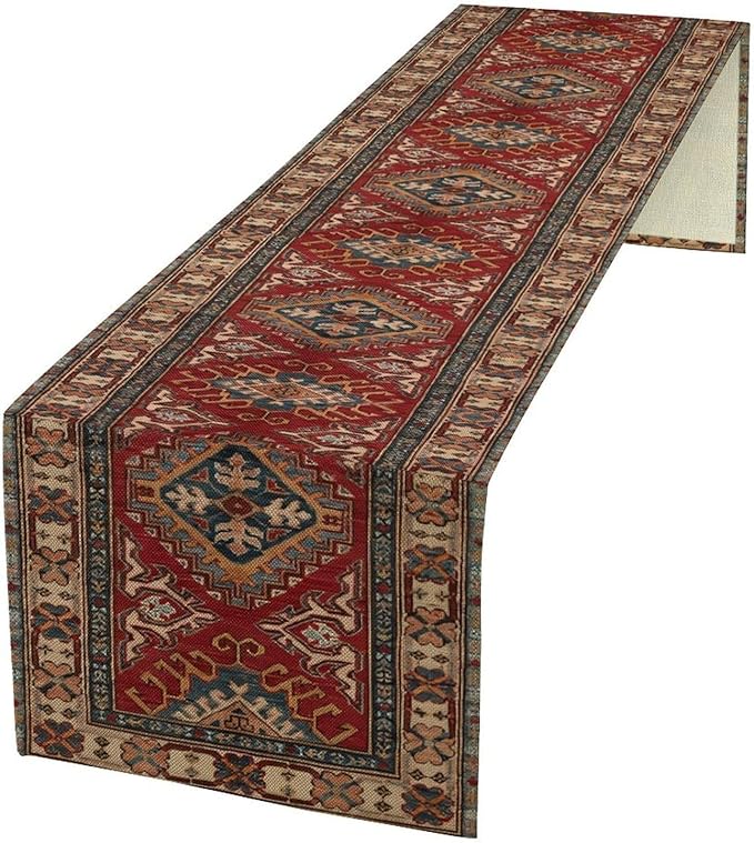 Boho Floral Vintage Table Runner, Red Grey Retro Flower Rustic Country Farmhouse Abstract Pattern for Home Kitchen Table Decor Dining Coffee Room Party Decor 13x72in