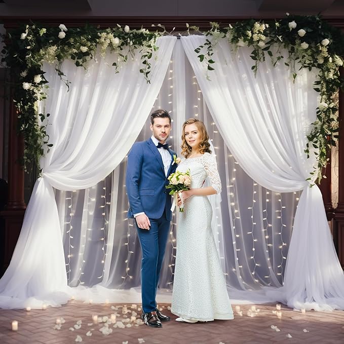 30×10ft White Tulle Backdrop Curtain with Lights String for Parties, Sheer Photo Backdrop Curtains for Wedding Party Photography Background