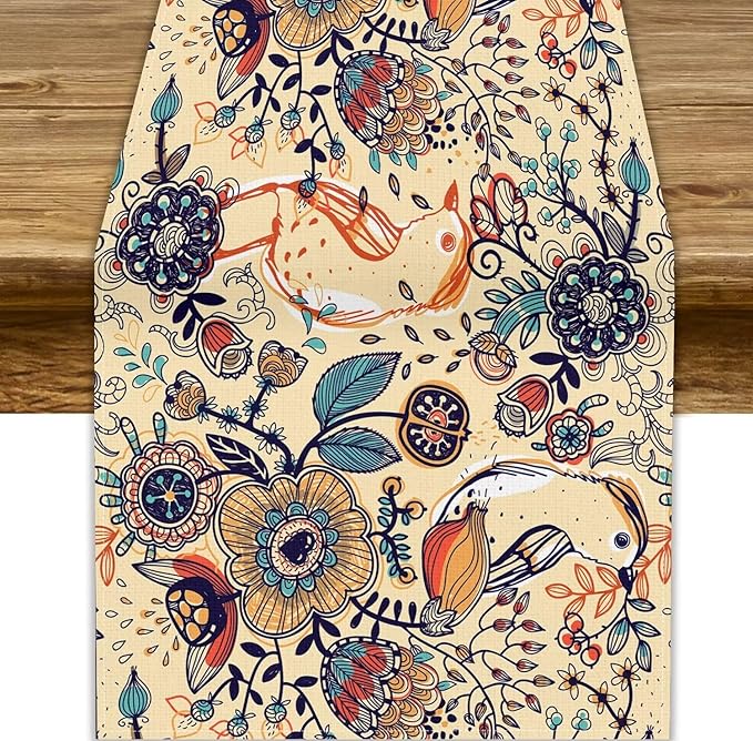 Vintage Paisley Table Runner, Boho Beige Paisley Flower Leaves Print Table Runner for Home Party Patio Indoor Outdoor, 13x36inch