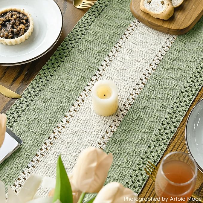 Artoid Mode Light Green Farmhouse Rustic Table Runner, Seasonal Hollow Kitchen Dining Table Decoration for Home Party Decor 12x120 Inch