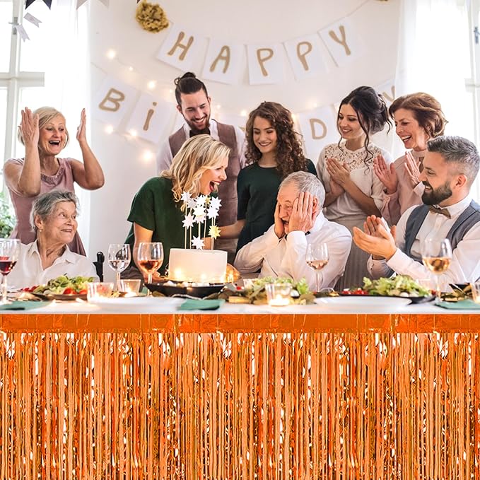 3 Pack 29 x108 Inch Orange Foil Fringe Table Skirts Metallic Banner for Tinsel Streamer Garland Backdrop for Parade Floats Wedding Thanksgiving Birthday Christmas Halloween New Year Party Decoration