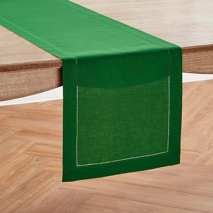Solino Home Linen Garden Green Table Runner 144 Inches Long - 100% Pure Linen Extra Long Table Runner 14 x 144 Inch for Christmas - Classic Hemstitch
