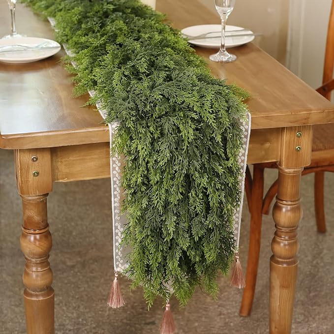 16FT Real Touch Cedar Garland - Artificial Christmas Garland Fake Green Faux Thick and Lush Pine Needles Garlands for Table Fireplace Mantle Holiday Home Indoor Outdoor Decor (1PCS)