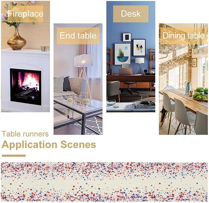Independence Day Table Runner, 4th of July Red Blue Stars American President Day Holiday Confetti Print Table Cover for Kitchen Dining Table Indoor Outdoor Party, 13x108inch