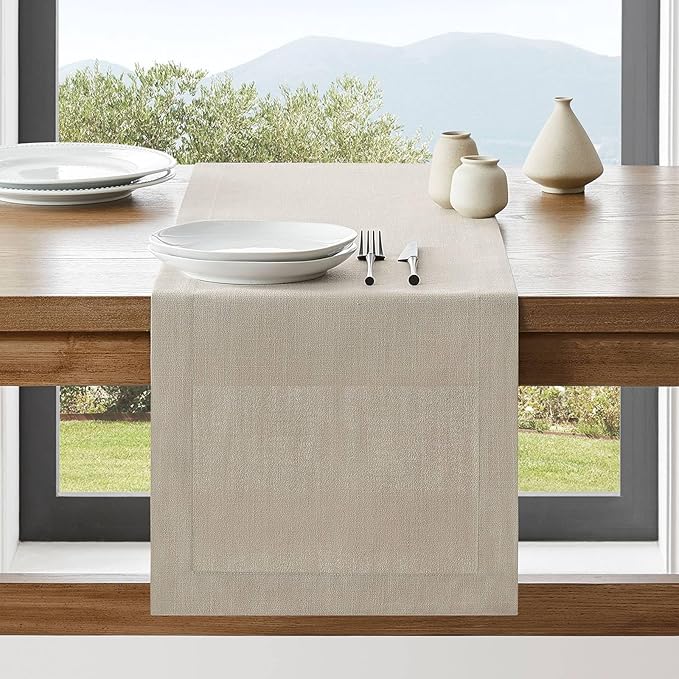 ZeeMart Linen Textured Border Table Runner, 14 x 60 Inch Natural, Farmhouse Style Neutral Table Runners 60 Inches Long, Easy Care Everyday Polyester Table Runner