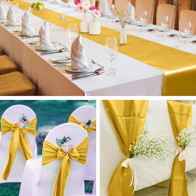 Aneco 12 Pack Satin Table Runner 12 x 108 Inch Gold Long Wedding Satin Silk Table Runner for Wedding Banquet Graduations Birthday Party Decoration