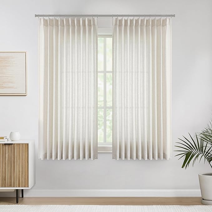 Vision Home Natural Pinch Pleated Semi Sheer Curtains Textured Linen Blended Light Filtering Window Curtains 72 inch for Living Room Bedroom Patio Pinch Pleat Drapes with Hooks 1 Panel 60" Wx72 L