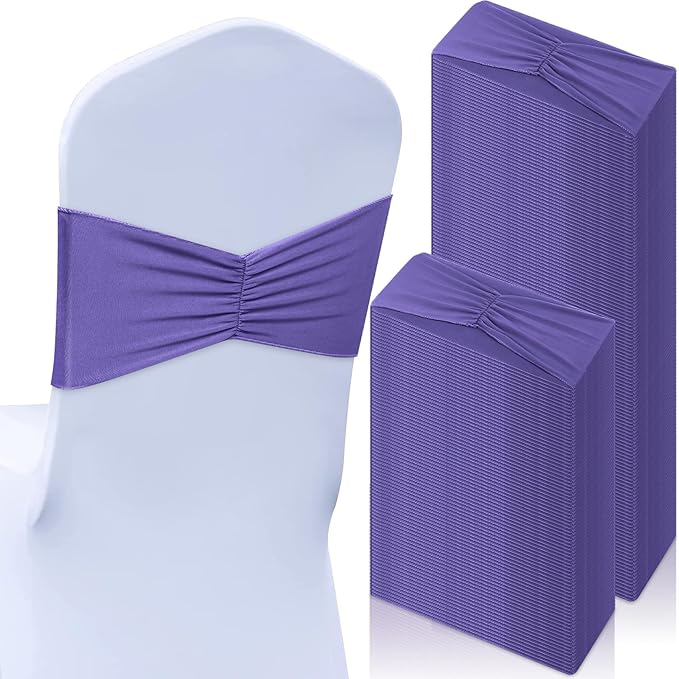 Moukeren 100 Pcs Spandex Chair Sashes Bows Bands Slider Sashes for Chair Covers Elastic Bands Ties Ribbon Decorations for Wedding Party Events Ceremony Birthday Banquet(Lavender Purple)