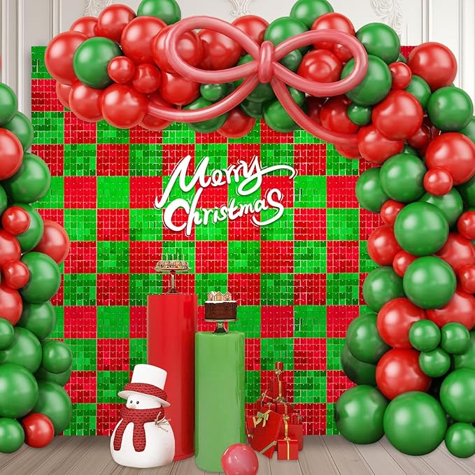 24PCS Red Green Shimmer Wall Backdrop, Xmas Square Sequin Photo Backdrops Panel, Glitter Wall Background for Birthdays, Weddings, Christmas, Engagements, Disco Bachelorette Party Decor (4FTx6FT)