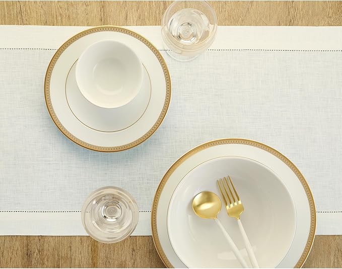 Solino Home Linen Ivory Table Runner 156 Inches Long - 100% Pure Linen Extra Long Table Runner 14 x 156 Inch for Fall, Autumn, Thanksgiving, Christmas - Classic Hemstitch