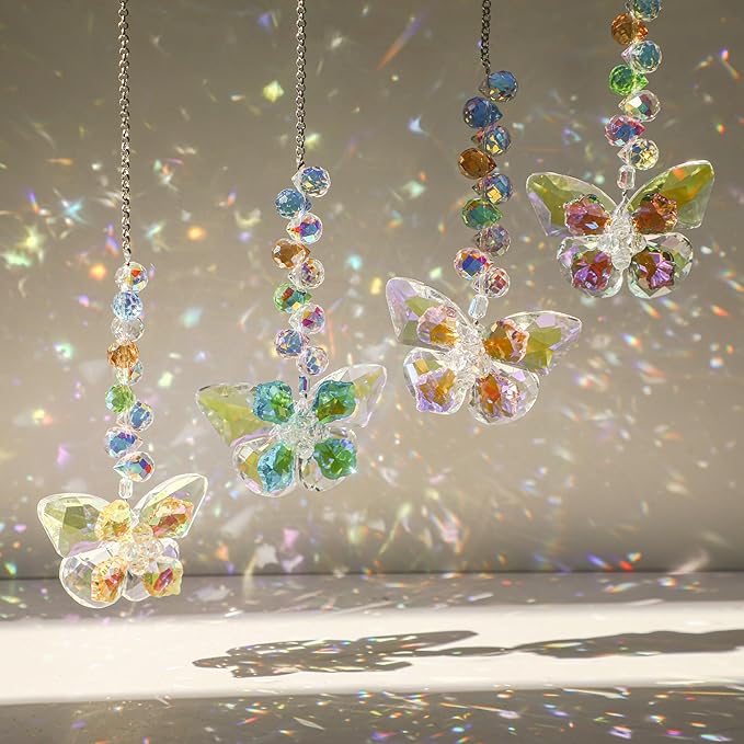 HDCRYSTALGIFTS 4pcs Crystal Butterfly Suncatchers for Window Hanging Ornaments, Rainbow Maker Sun Catchers Indoor Outdoor Patio Garden Decor Gifts