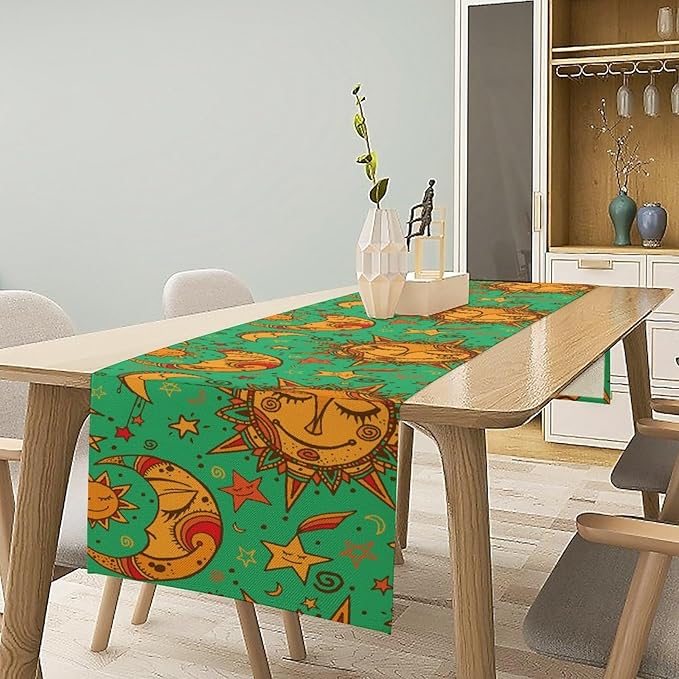 Boho Moon Table Runner, Phase of The Moon Star Sun Cartoon Pattern Table Runner for Kitchen Living Room Home Party 13x90 Inch