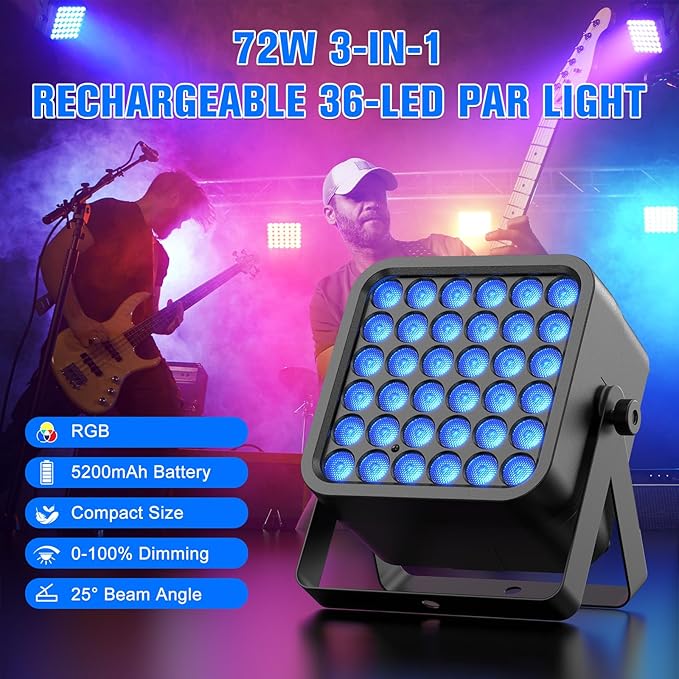 Rechargeable Par Can Lights, 72W RGB 5200mAh Uplights Battery Powered Stage Light, Wireless DJ Lights Sound Activated with Remote & DMX Control for Festivals, Weddings, Bars, Churches, DJ (12 Packs)